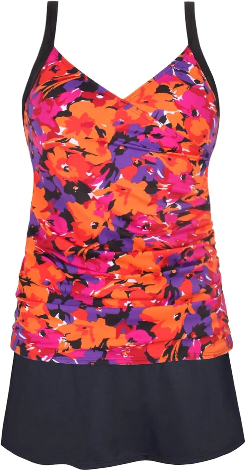 JINXUEER Plus Size Swimsuits Ruched Modest Swimdress Floral Tankini Swimwear Two Piece Skirt Bathing Suit for Women