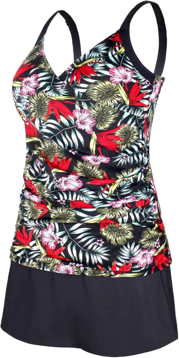 JINXUEER Plus Size Swimsuits Ruched Modest Swimdress Floral Tankini Swimwear Two Piece Skirt Bathing Suit for Women