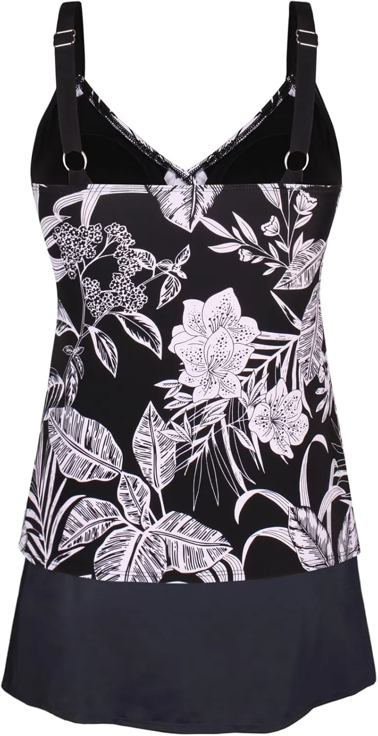 JINXUEER Plus Size Swimsuits Ruched Modest Swimdress Floral Tankini Swimwear Two Piece Skirt Bathing Suit for Women