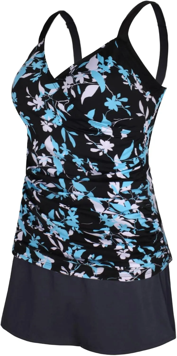 JINXUEER Plus Size Swimsuits Ruched Modest Swimdress Floral Tankini Swimwear Two Piece Skirt Bathing Suit for Women