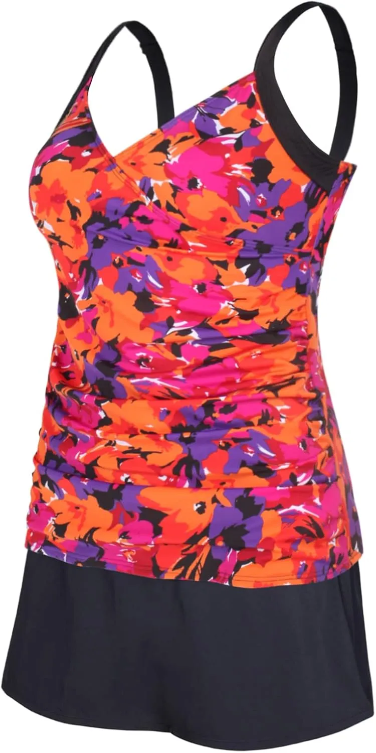 JINXUEER Plus Size Swimsuits Ruched Modest Swimdress Floral Tankini Swimwear Two Piece Skirt Bathing Suit for Women