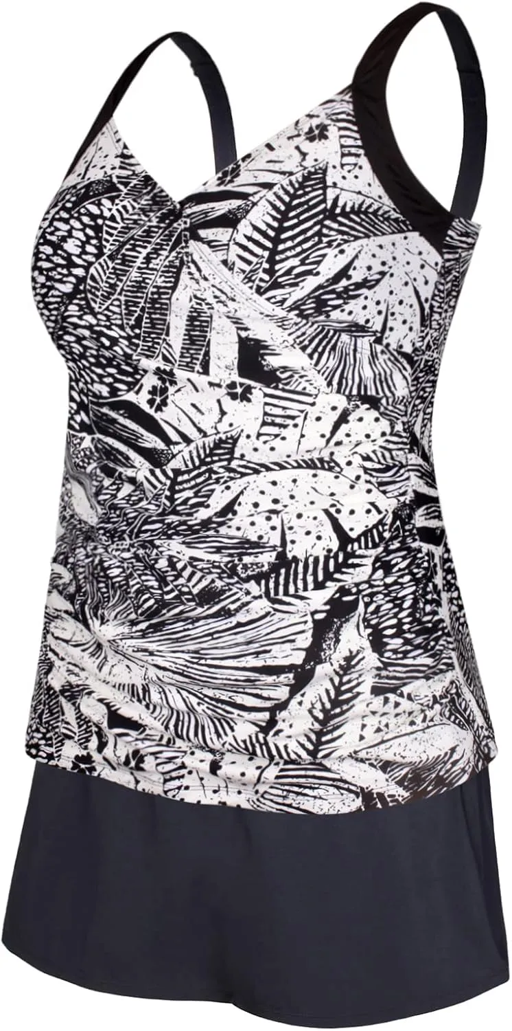 JINXUEER Plus Size Swimsuits Ruched Modest Swimdress Floral Tankini Swimwear Two Piece Skirt Bathing Suit for Women