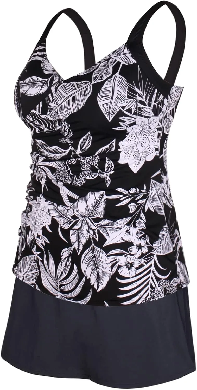 JINXUEER Plus Size Swimsuits Ruched Modest Swimdress Floral Tankini Swimwear Two Piece Skirt Bathing Suit for Women