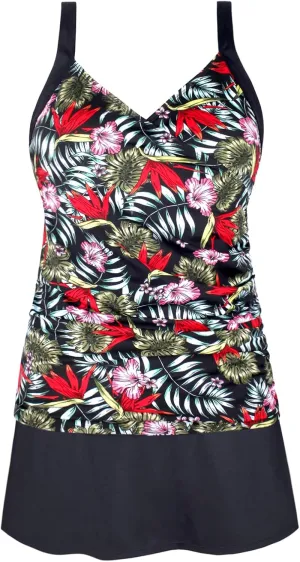 JINXUEER Plus Size Swimsuits Ruched Modest Swimdress Floral Tankini Swimwear Two Piece Skirt Bathing Suit for Women