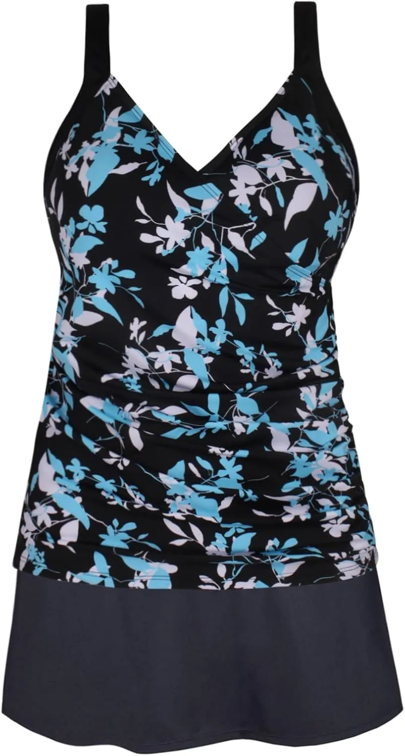 JINXUEER Plus Size Swimsuits Ruched Modest Swimdress Floral Tankini Swimwear Two Piece Skirt Bathing Suit for Women