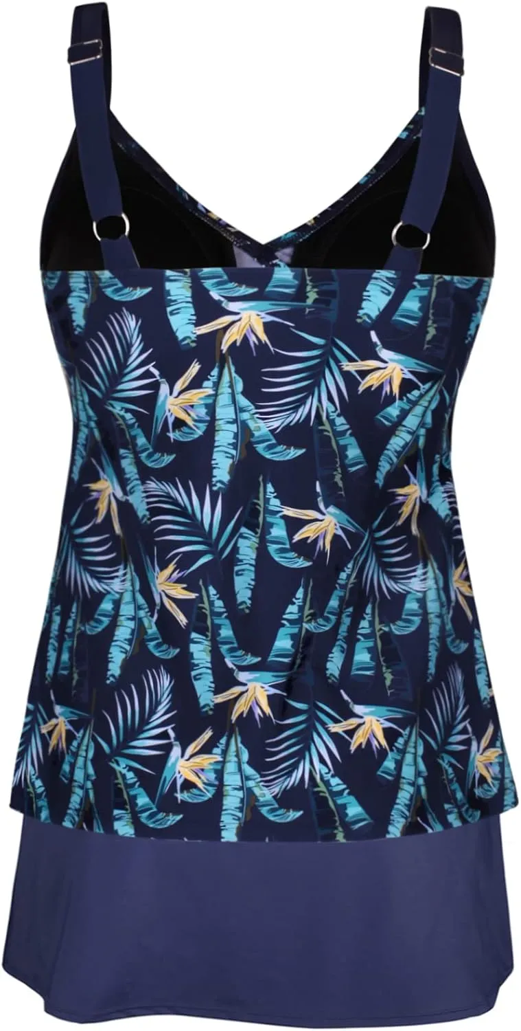 JINXUEER Plus Size Swimsuits Ruched Modest Swimdress Floral Tankini Swimwear Two Piece Skirt Bathing Suit for Women