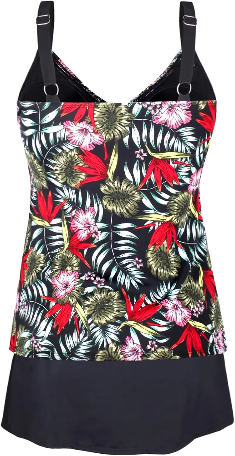 JINXUEER Plus Size Swimsuits Ruched Modest Swimdress Floral Tankini Swimwear Two Piece Skirt Bathing Suit for Women