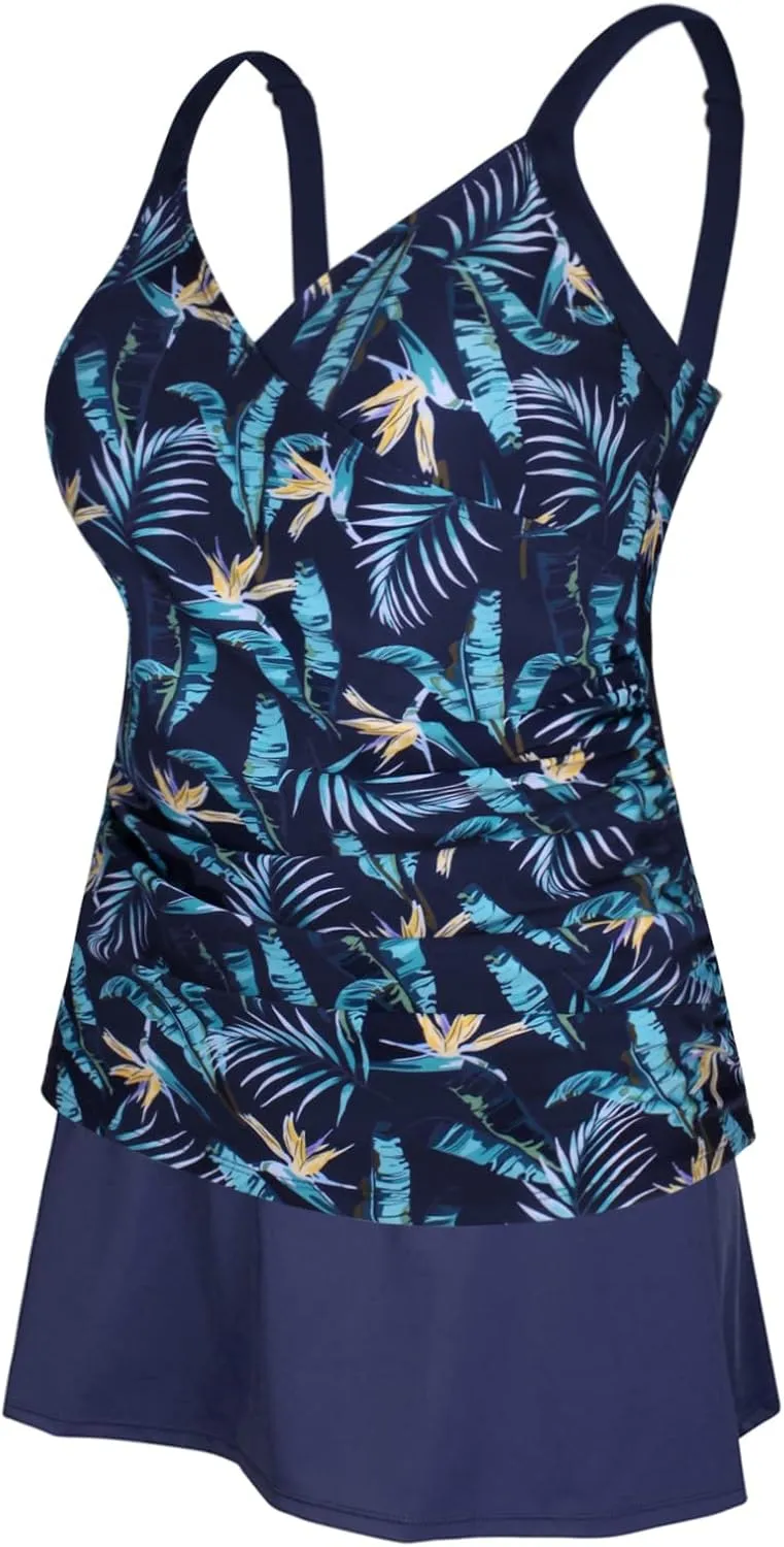 JINXUEER Plus Size Swimsuits Ruched Modest Swimdress Floral Tankini Swimwear Two Piece Skirt Bathing Suit for Women