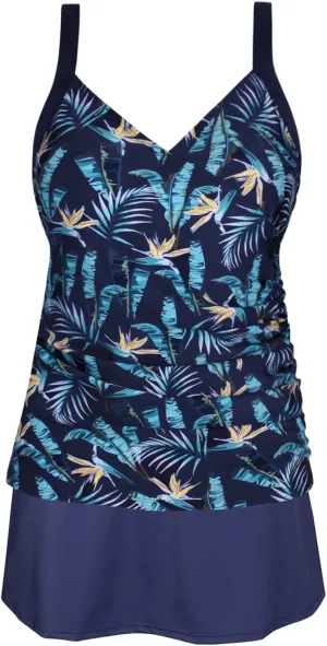 JINXUEER Plus Size Swimsuits Ruched Modest Swimdress Floral Tankini Swimwear Two Piece Skirt Bathing Suit for Women
