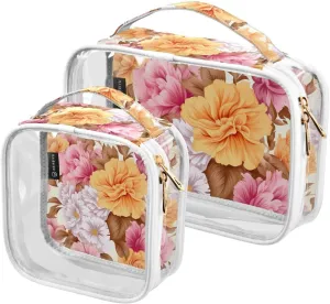 Joko Ivery Orange Pink Flowers 2 Pieces Clear Makeup Cosmetic Toiletry Bags for Women Men PVC Waterproof Travel Storage Carry Pouch with Gold Zippers Transparent Storage Bag for Bathroom Organizing