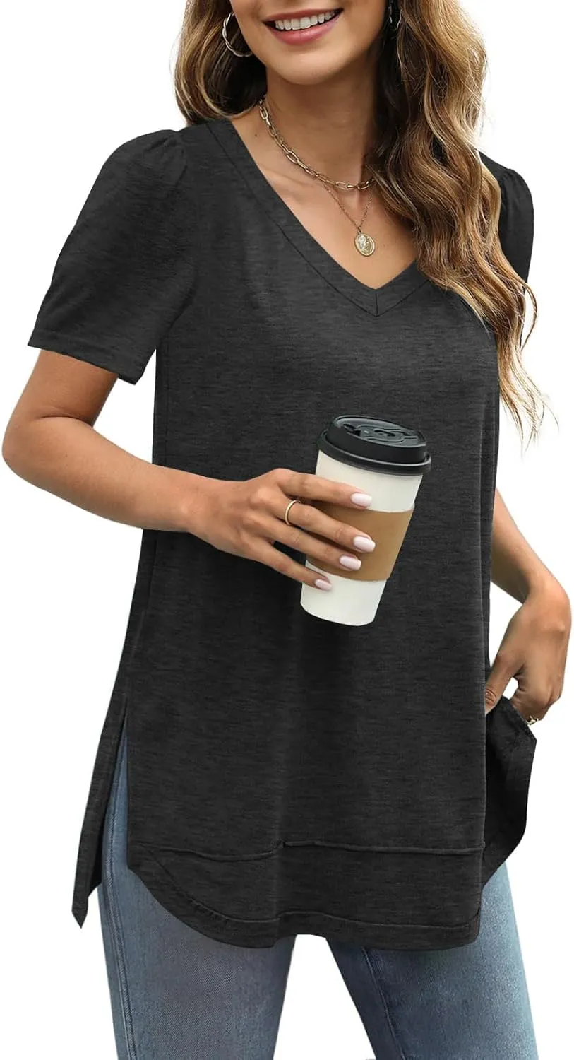 JomeDesign Summer Tops for Women Short Sleeve V Neck Shirts Side Split Loose Casual Tunic Tops