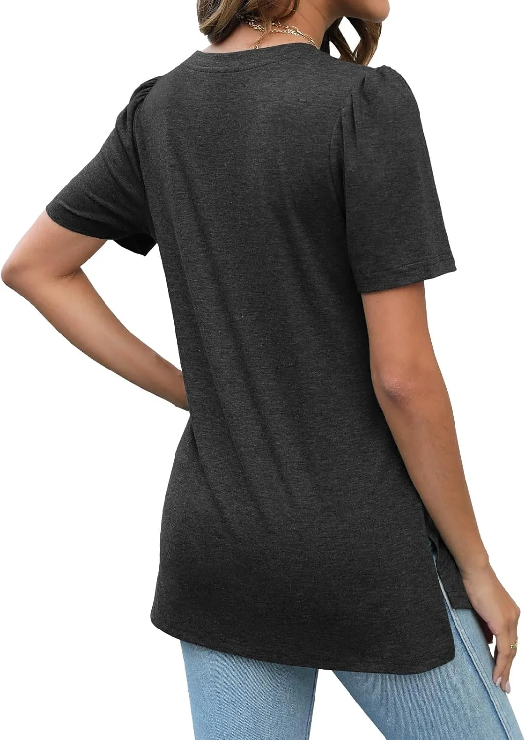 JomeDesign Summer Tops for Women Short Sleeve V Neck Shirts Side Split Loose Casual Tunic Tops
