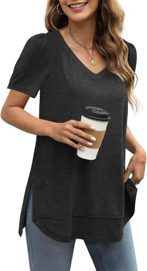 JomeDesign Summer Tops for Women Short Sleeve V Neck Shirts Side Split Loose Casual Tunic Tops