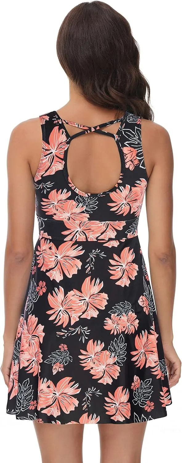 Kate Kasin Women's Two Piece Swimsuits Tummy Control Back Cross Flowy Swimdress Bathing Suits with Boyshorts Swimwear