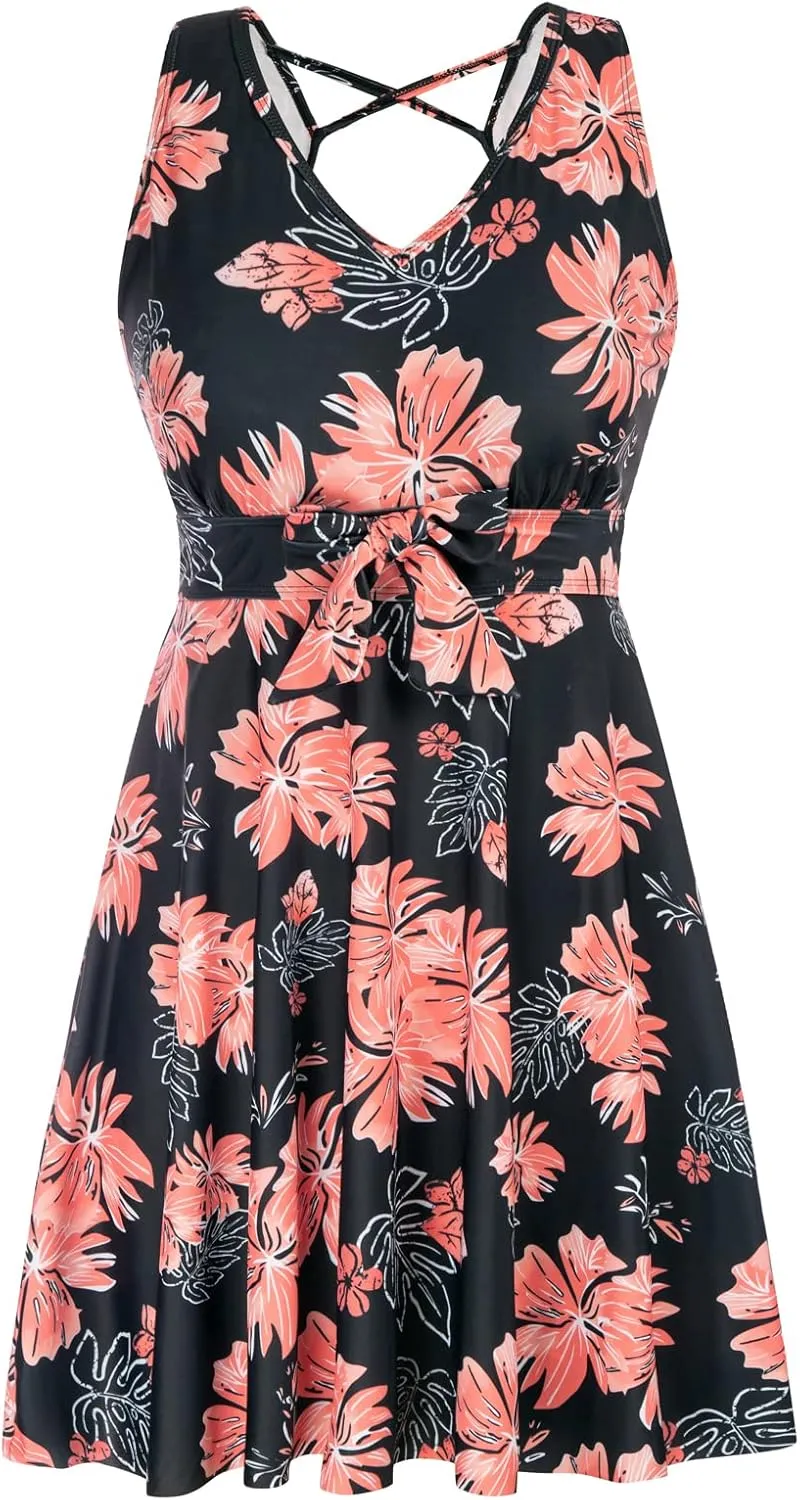 Kate Kasin Women's Two Piece Swimsuits Tummy Control Back Cross Flowy Swimdress Bathing Suits with Boyshorts Swimwear