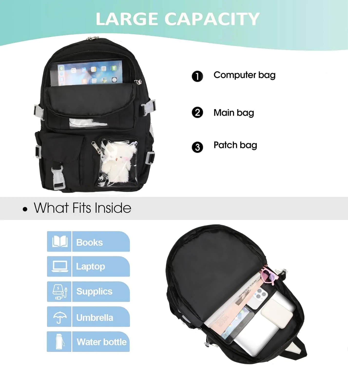 Kawaii Backpack for Teen Girls, Cute Aesthetic High Middle School College Bookbag with Accessories,Black and White