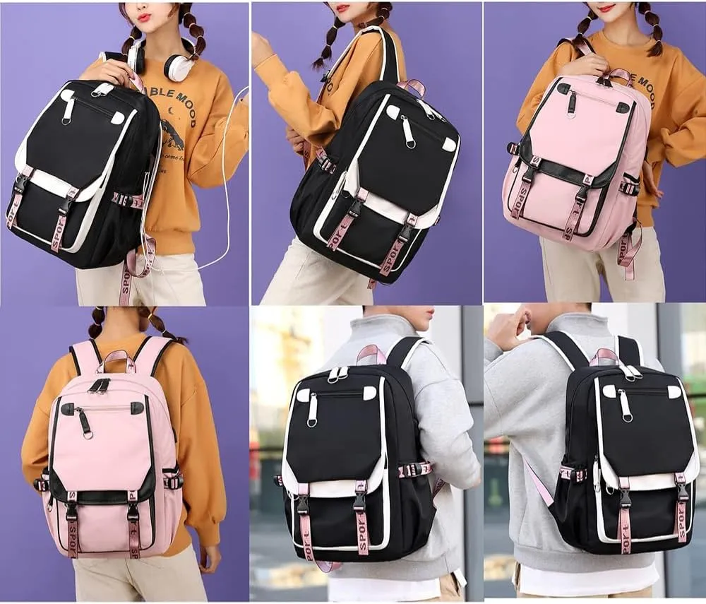 Kawaii Backpack with Cute Accessories Laptop Backpack 17 inch Aesthetic USB Charging Port Headphone Jack (Black Pink)