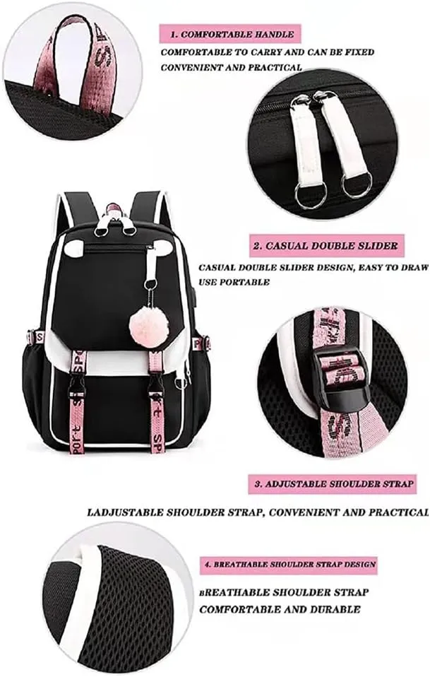 Kawaii Backpack with Cute Accessories Laptop Backpack 17 inch Aesthetic USB Charging Port Headphone Jack (Black Pink)