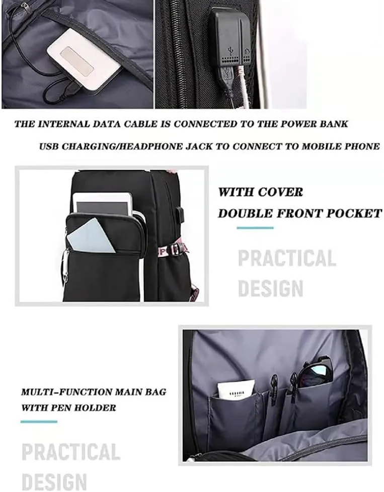 Kawaii Backpack with Cute Accessories Laptop Backpack 17 inch Aesthetic USB Charging Port Headphone Jack (Black Pink)