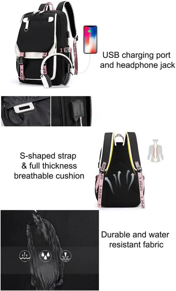 Kawaii Backpack with Cute Accessories Laptop Backpack 17 inch Aesthetic USB Charging Port Headphone Jack (Black Pink)