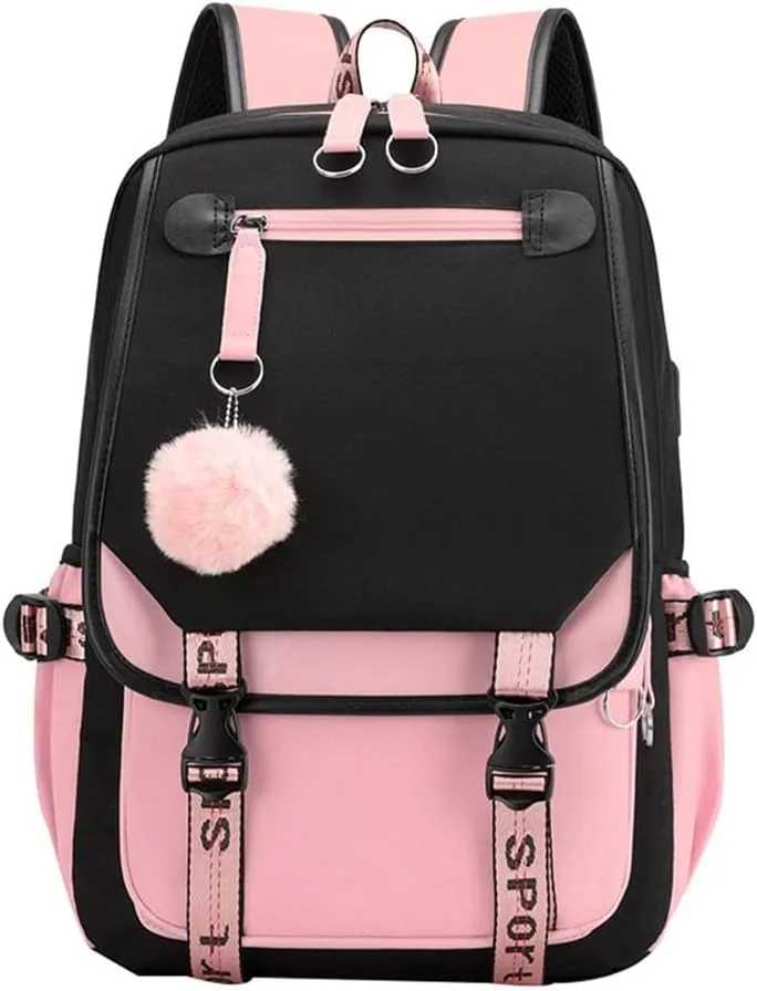 Kawaii Backpack with Cute Accessories Laptop Backpack 17 inch Aesthetic USB Charging Port Headphone Jack (Black Pink)