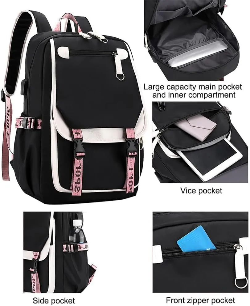 Kawaii Backpack with Cute Accessories Laptop Backpack 17 inch Aesthetic USB Charging Port Headphone Jack (Black Pink)