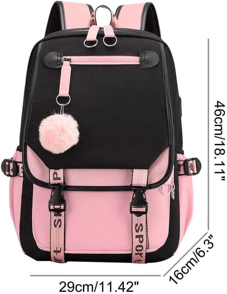 Kawaii Backpack with Cute Accessories Laptop Backpack 17 inch Aesthetic USB Charging Port Headphone Jack (Black Pink)