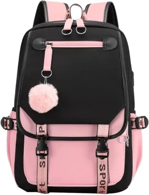 Kawaii Backpack with Cute Accessories Laptop Backpack 17 inch Aesthetic USB Charging Port Headphone Jack (Black Pink)