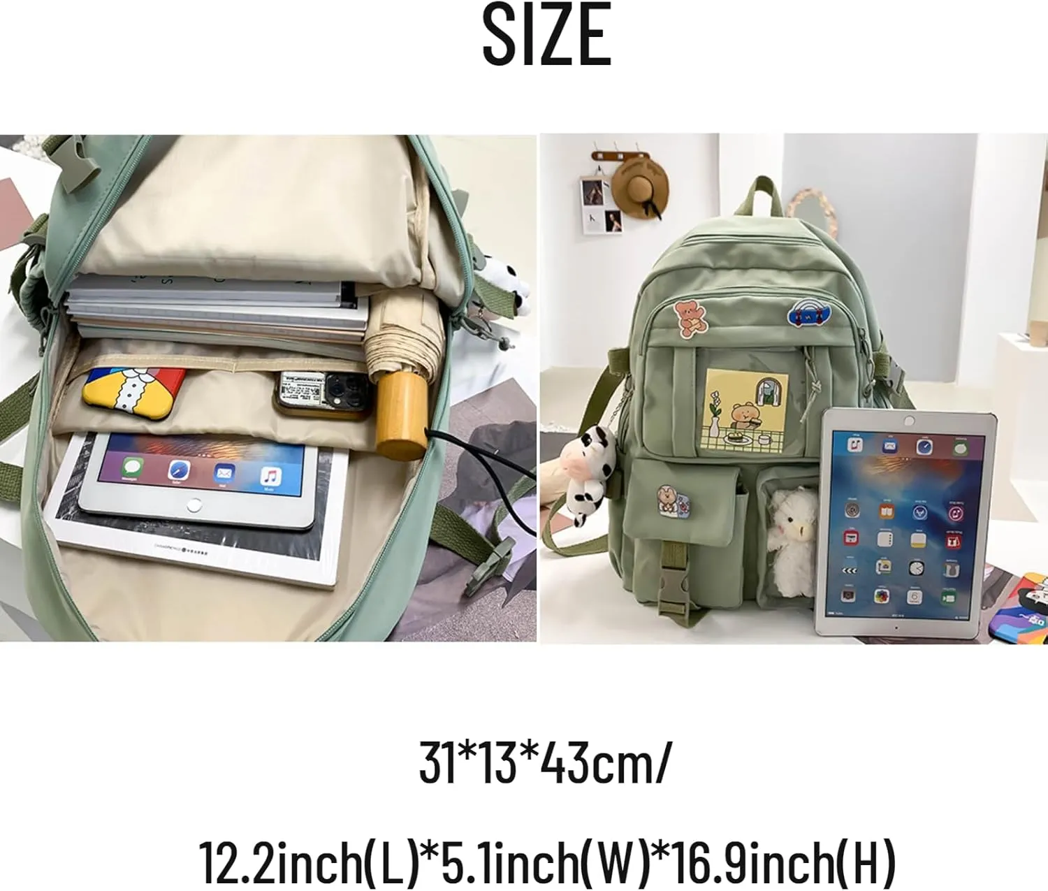Kawaii Backpack with Cute Accessories Pin Pendant Travel Laptop Bag Large Outdoor Waterproof Casual Daypack Women (Pink)