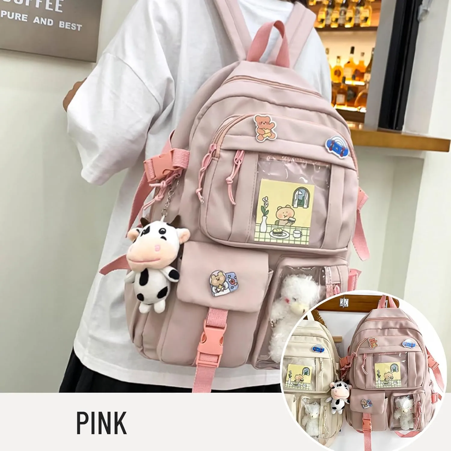 Kawaii Backpack with Cute Accessories Pin Pendant Travel Laptop Bag Large Outdoor Waterproof Casual Daypack Women (Pink)