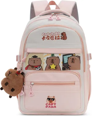 Kawaii Capybara Large Capacity Pink Backpack for Women Waterproof Laptop Casual Daypack with Accessories for Travel (Pink)