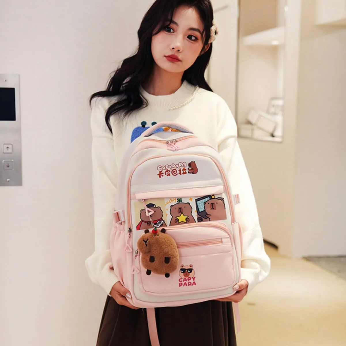 Kawaii Capybara Large Capacity Pink Backpack for Women Waterproof Laptop Casual Daypack with Accessories for Travel (Pink)