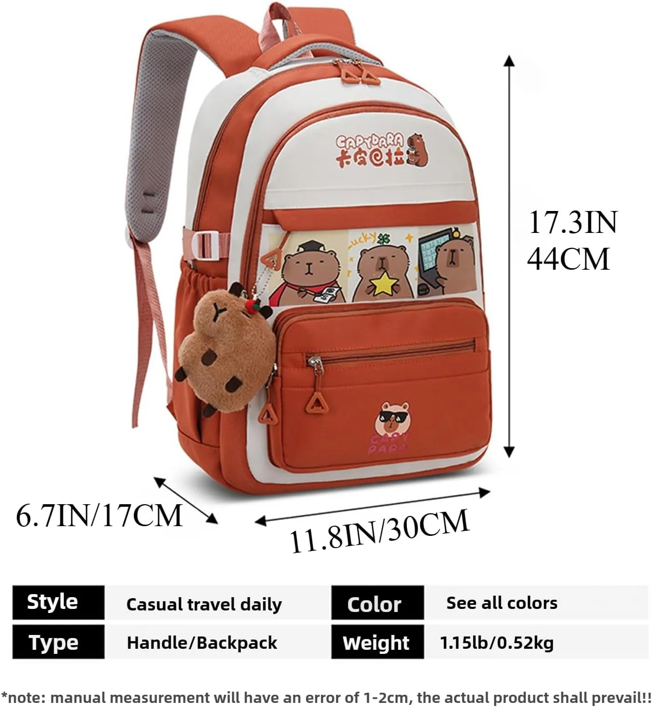 Kawaii Capybara Large Capacity Pink Backpack for Women Waterproof Laptop Casual Daypack with Accessories for Travel (Pink)