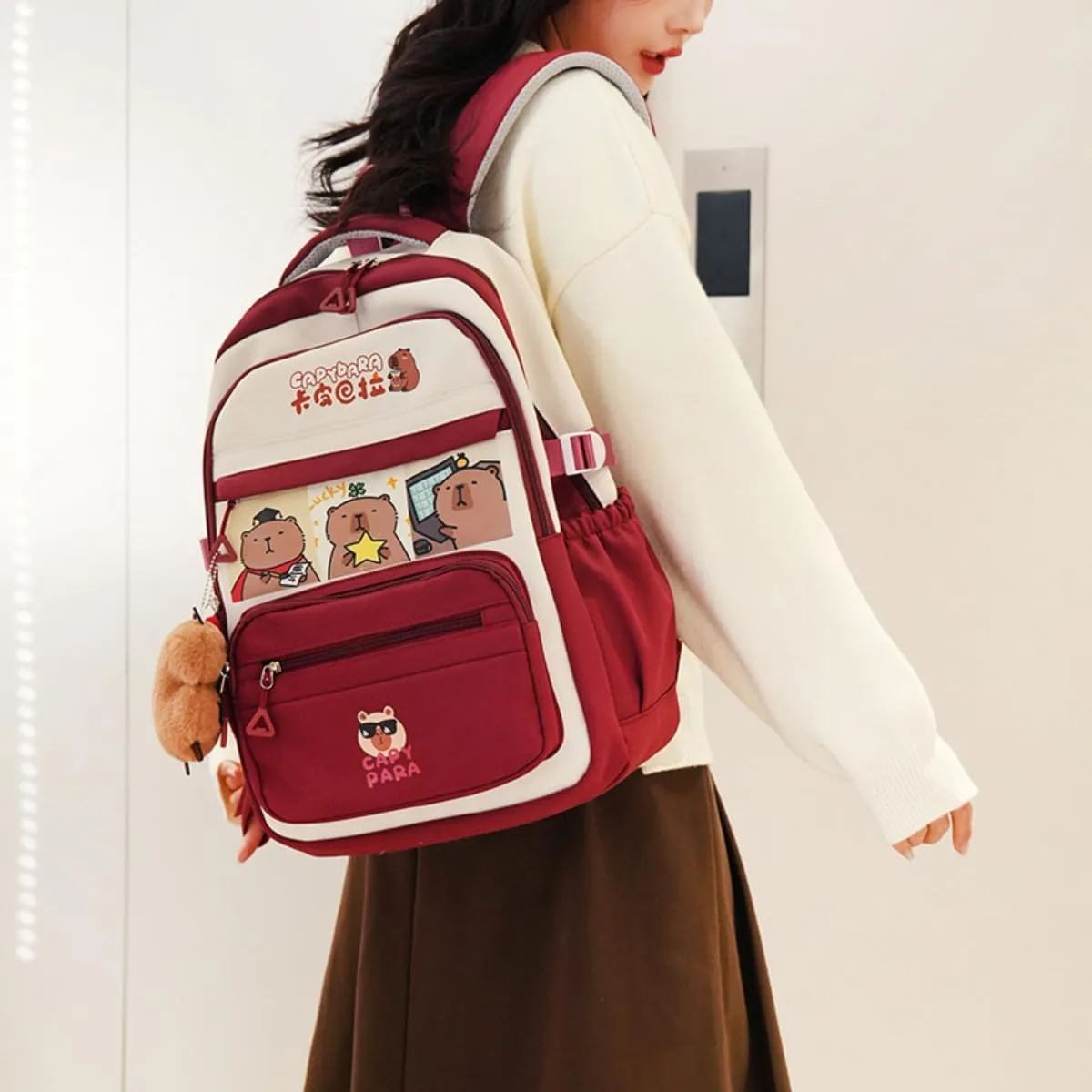 Kawaii Capybara Large Capacity Pink Backpack for Women Waterproof Laptop Casual Daypack with Accessories for Travel (Pink)