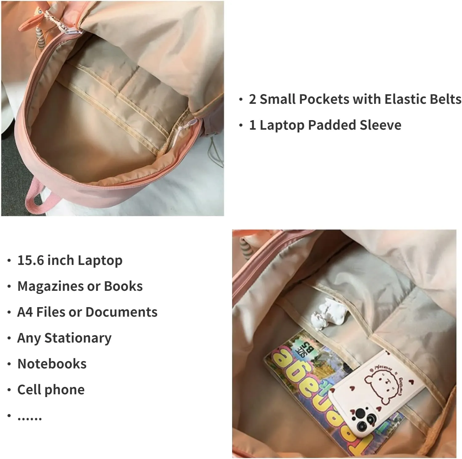 Kawaii Cute Aesthetic School Laptop Backpack with Accessories Plush Pendant for Teen Girls (Pink, without Mr. Rabbit)