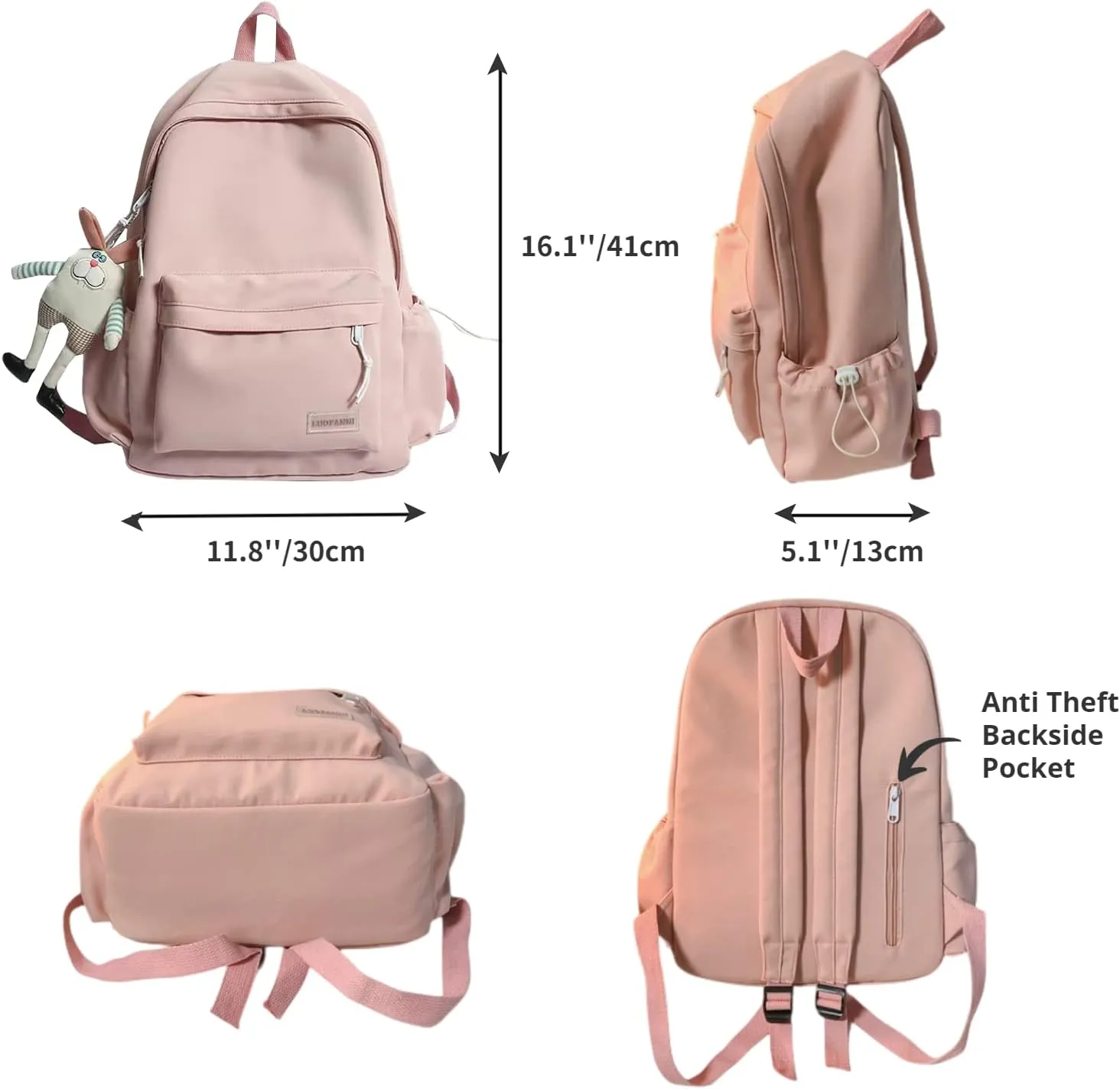 Kawaii Cute Aesthetic School Laptop Backpack with Accessories Plush Pendant for Teen Girls (Pink, without Mr. Rabbit)