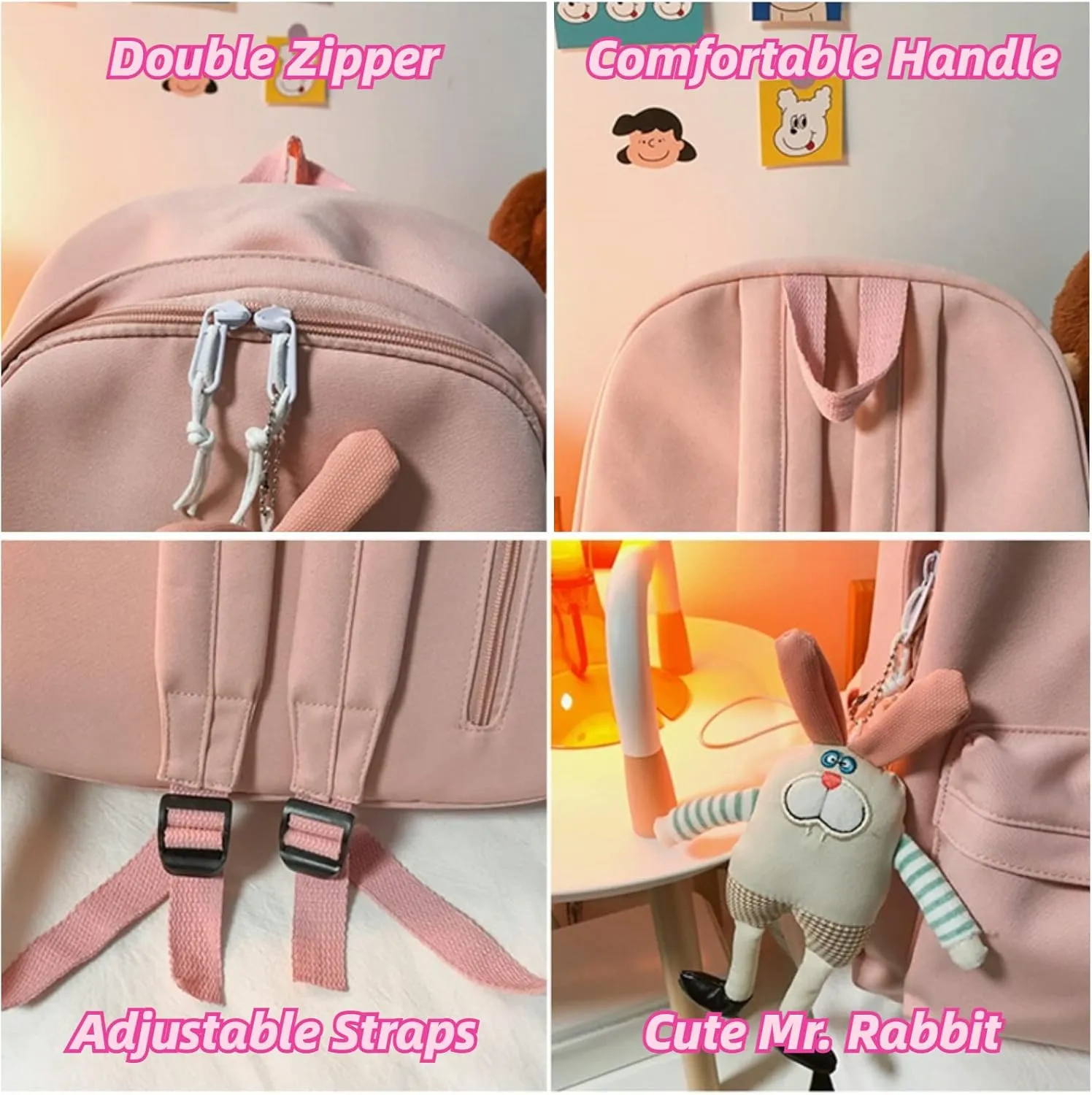 Kawaii Cute Aesthetic School Laptop Backpack with Accessories Plush Pendant for Teen Girls (Pink, without Mr. Rabbit)