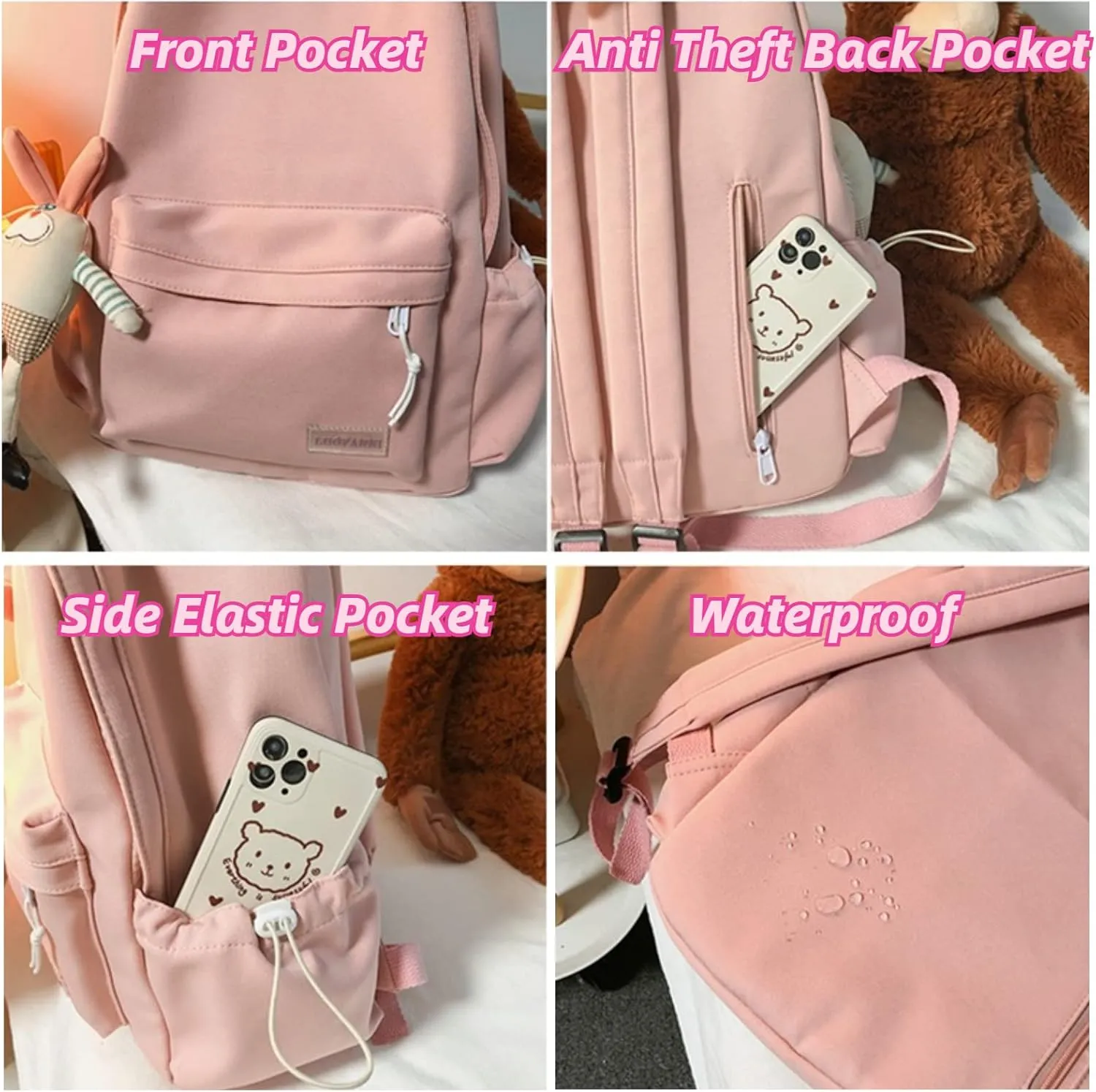 Kawaii Cute Aesthetic School Laptop Backpack with Accessories Plush Pendant for Teen Girls (Pink, without Mr. Rabbit)