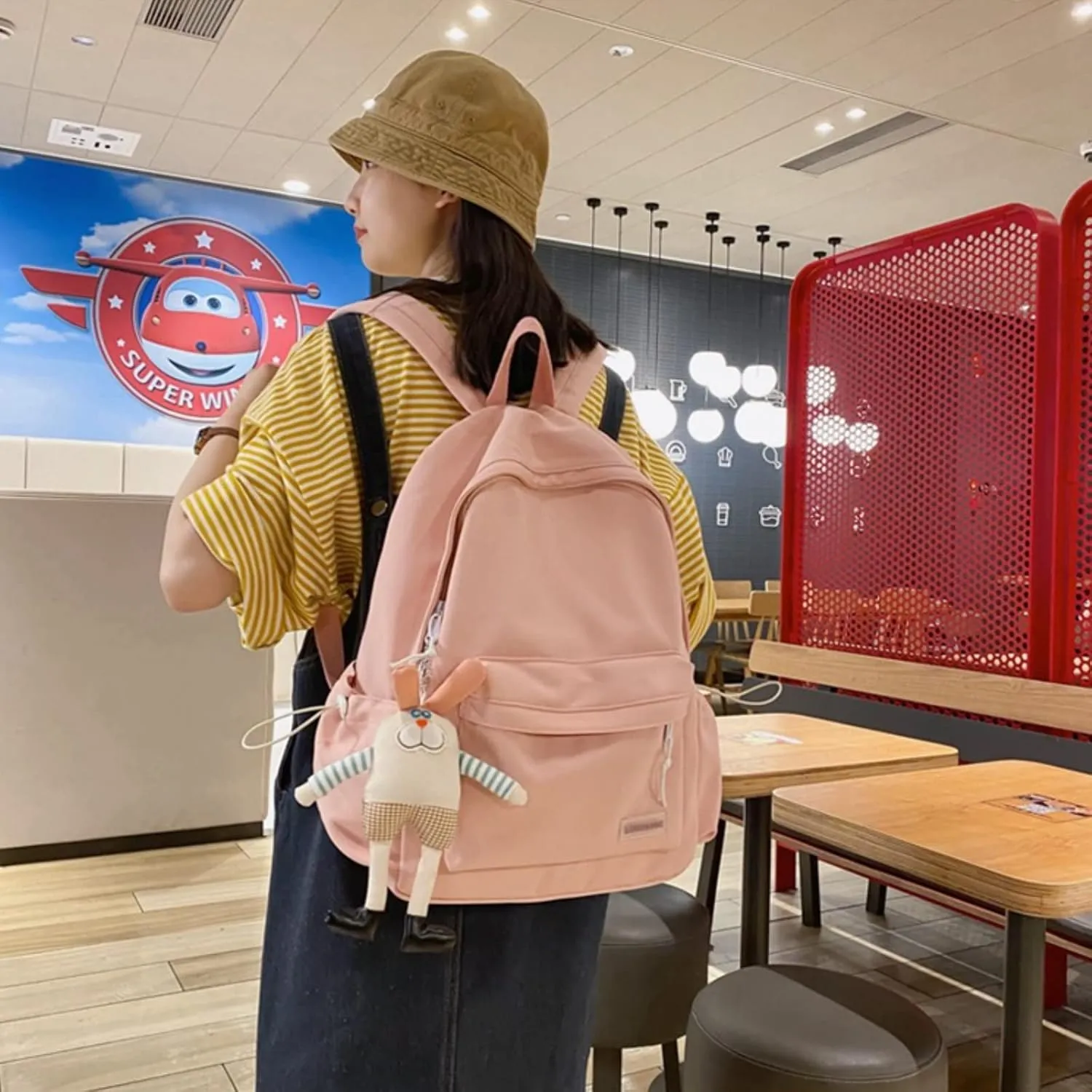 Kawaii Cute Aesthetic School Laptop Backpack with Accessories Plush Pendant for Teen Girls (Pink, without Mr. Rabbit)