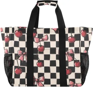 Kigai Cherry Bow Plaid Reusable Grocery Bag with Handles Waterproof Foldable Extra Large Tote Shopping Bag Standing Organizer for Picnics, Beach, Pool, Laundry, Car, Camping