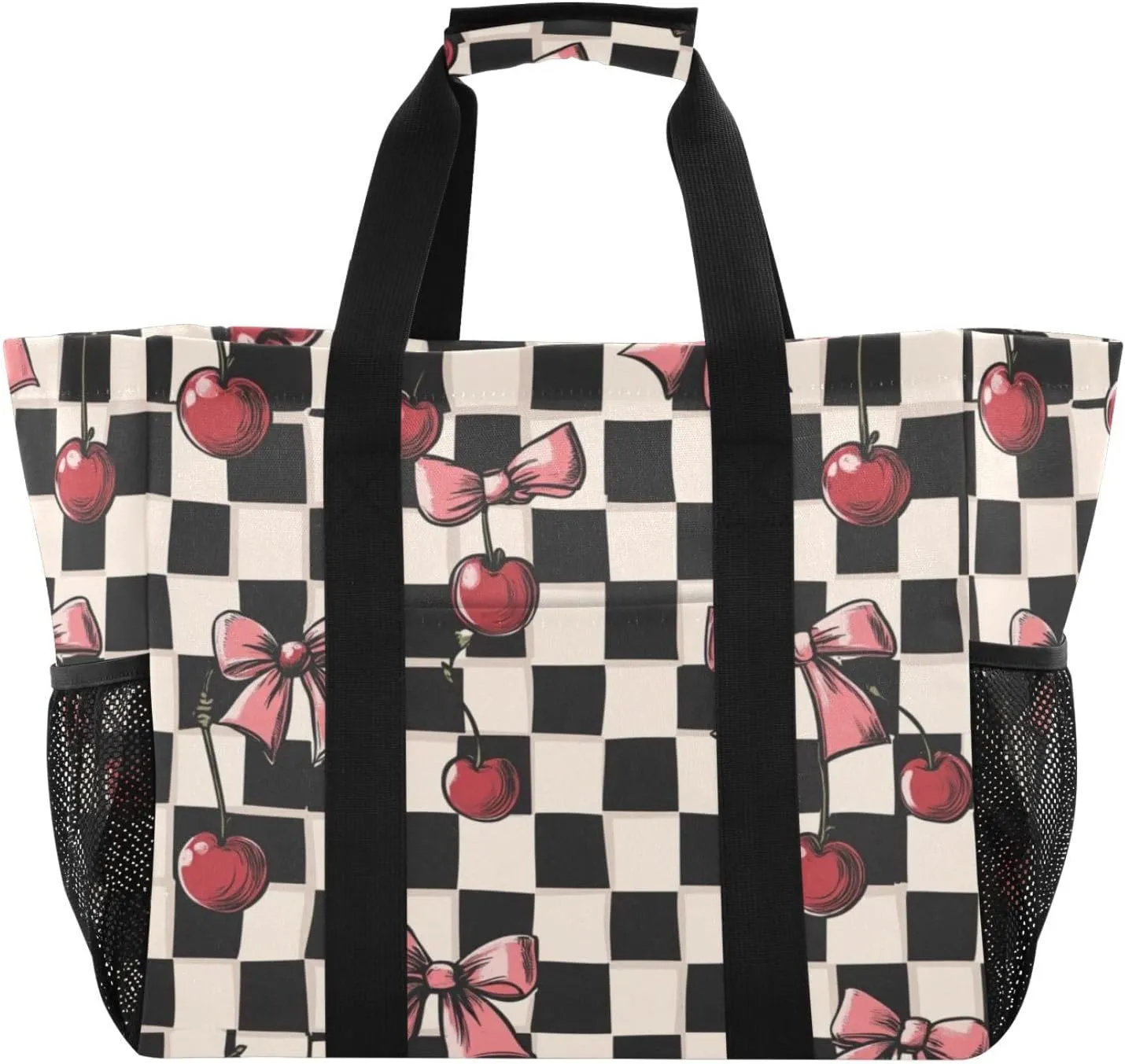 Kigai Cherry Bow Plaid Reusable Grocery Bag with Handles Waterproof Foldable Extra Large Tote Shopping Bag Standing Organizer for Picnics, Beach, Pool, Laundry, Car, Camping