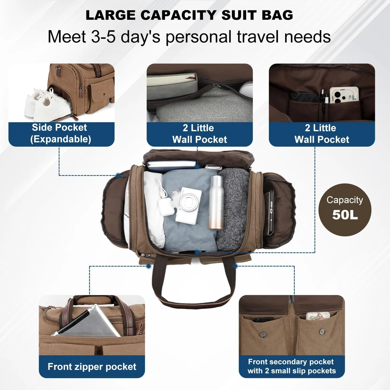 Koolehaoda Duffle Bag for Travel, 50L Canvas Travel Duffel Bags Overnight Weekend Gym Carry On Luggage Bag with Shoes Compartment Travel Bag for Men & Women (204-Coffee)