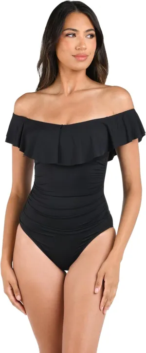 La Blanca Women's One Piece Swimsuit Off Shoulder Ruffle Island Goddess Bathing Suit