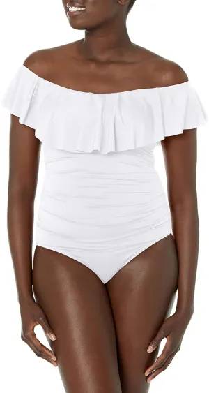 La Blanca Women's One Piece Swimsuit Off Shoulder Ruffle Island Goddess Bathing Suit