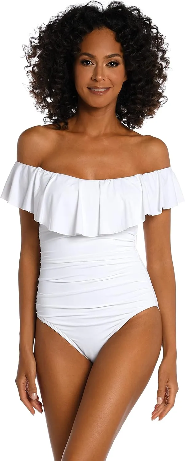 La Blanca Women's One Piece Swimsuit Off Shoulder Ruffle Island Goddess Bathing Suit