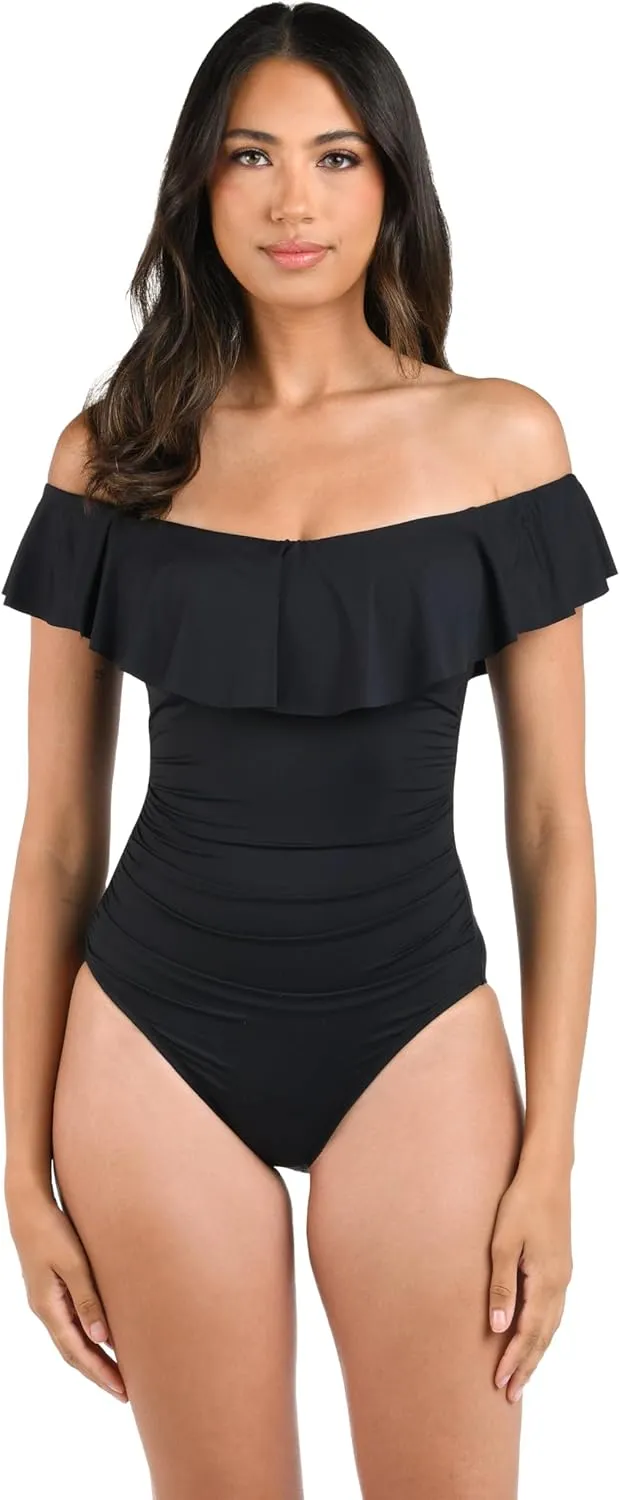 La Blanca Women's One Piece Swimsuit Off Shoulder Ruffle Island Goddess Bathing Suit
