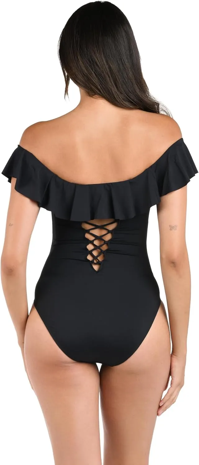 La Blanca Women's One Piece Swimsuit Off Shoulder Ruffle Island Goddess Bathing Suit