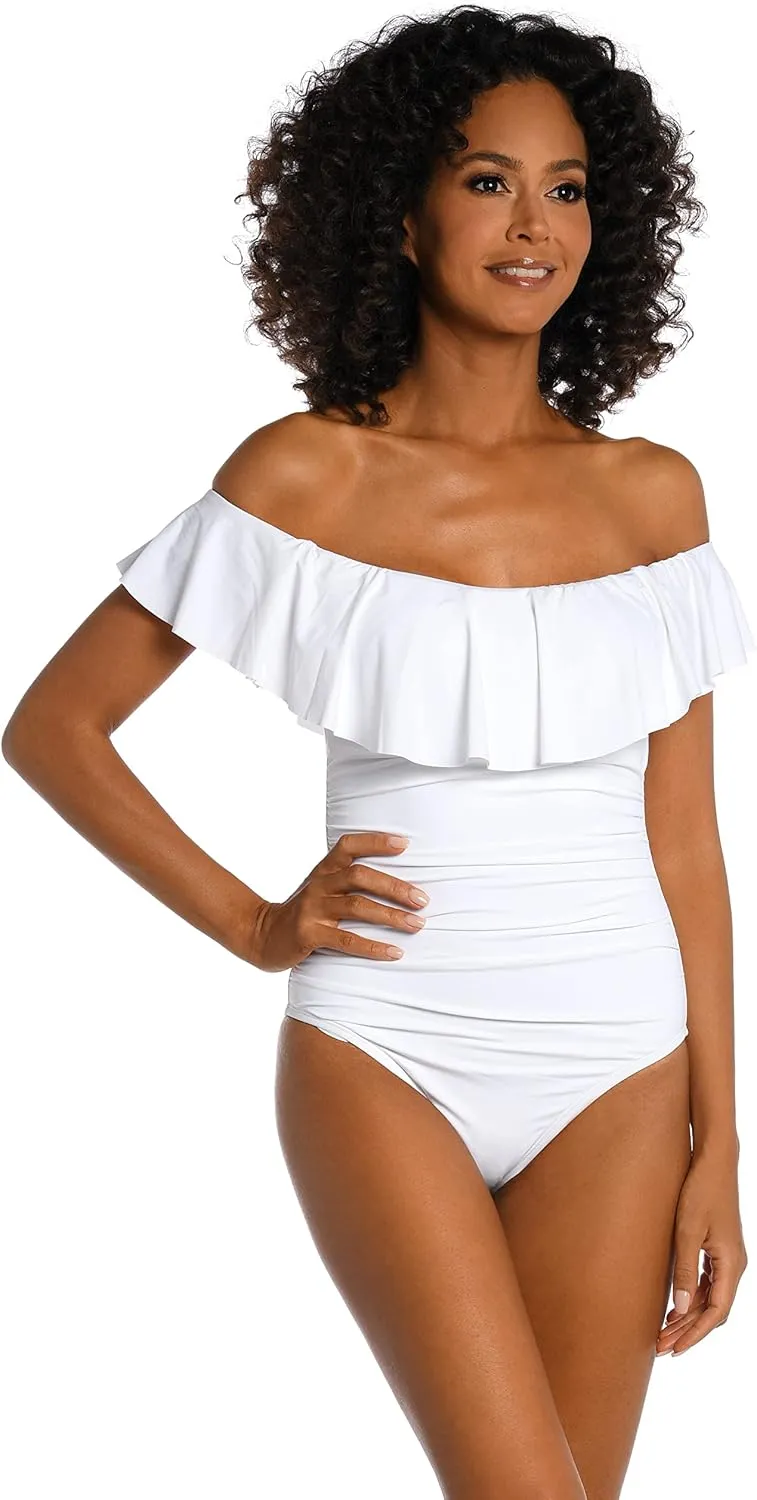 La Blanca Women's One Piece Swimsuit Off Shoulder Ruffle Island Goddess Bathing Suit