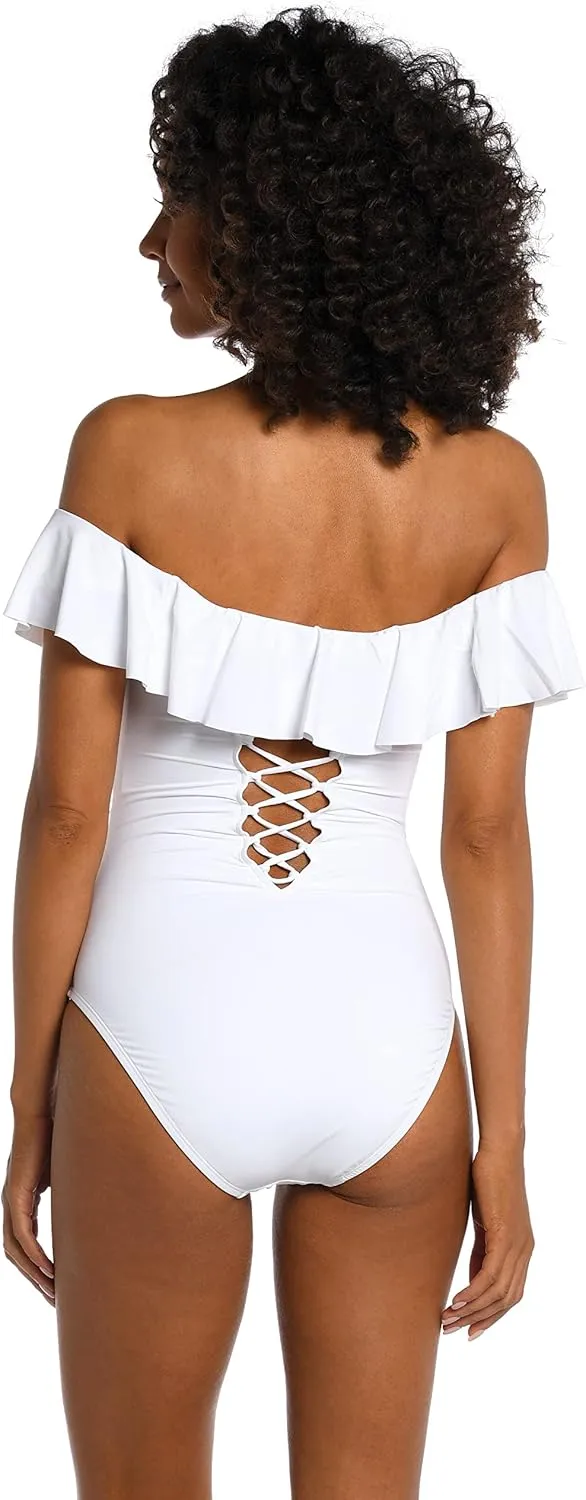 La Blanca Women's One Piece Swimsuit Off Shoulder Ruffle Island Goddess Bathing Suit