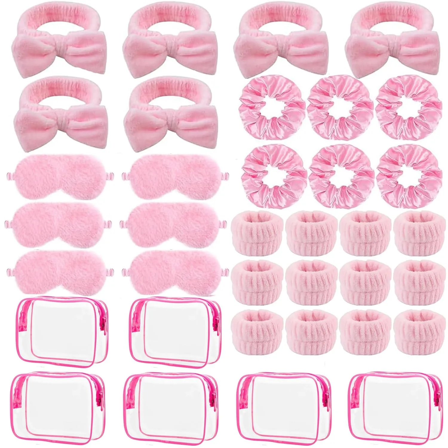 LEFIMOT 36 Pcs Sleepover Party Supplies 12 Pink Spa Headband 6 Pink Plush Sleep Eye Mask 6 Velvet Scrunchies 6 Wristband 6 Clear Cosmetic Bags for Women Slumber Spa Party Favor Gift Skincare Makeup
